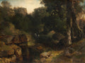 Pintura a óleo de Thomas Moran representando uma floresta densa e sombria com grandes árvores e rochas, um caminho sinuoso e figuras humanas pequenas ao fundo, iluminada por uma luz tênue do entardecer.