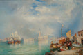 Pintura a óleo de Thomas Moran, 'Canal Scene, Venice', mostrando um canal veneziano com barcos, edifícios históricos e um céu nublado, com tons pastel e reflexos na água.