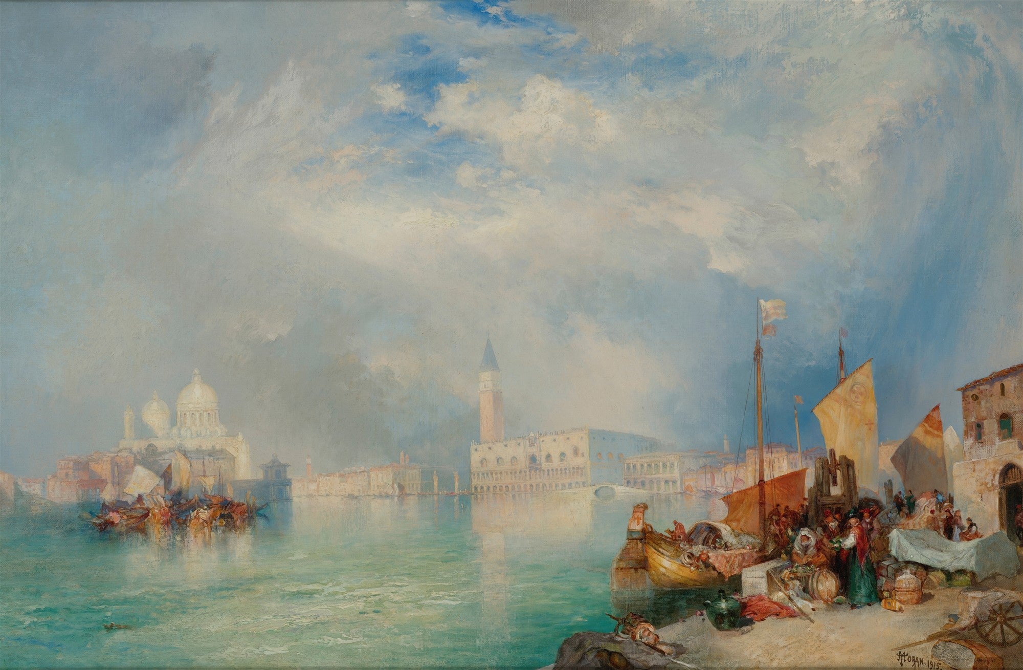 Pintura a óleo de Thomas Moran, 'Canal Scene, Venice', mostrando um canal veneziano com barcos, edifícios históricos e um céu nublado, com tons pastel e reflexos na água.