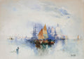 Quadro decorativo de uma paisagem aquática com barcos e uma cidade ao fundo. A obra é de Thomas Moran, com tons suaves de azul, cinza e marrom.