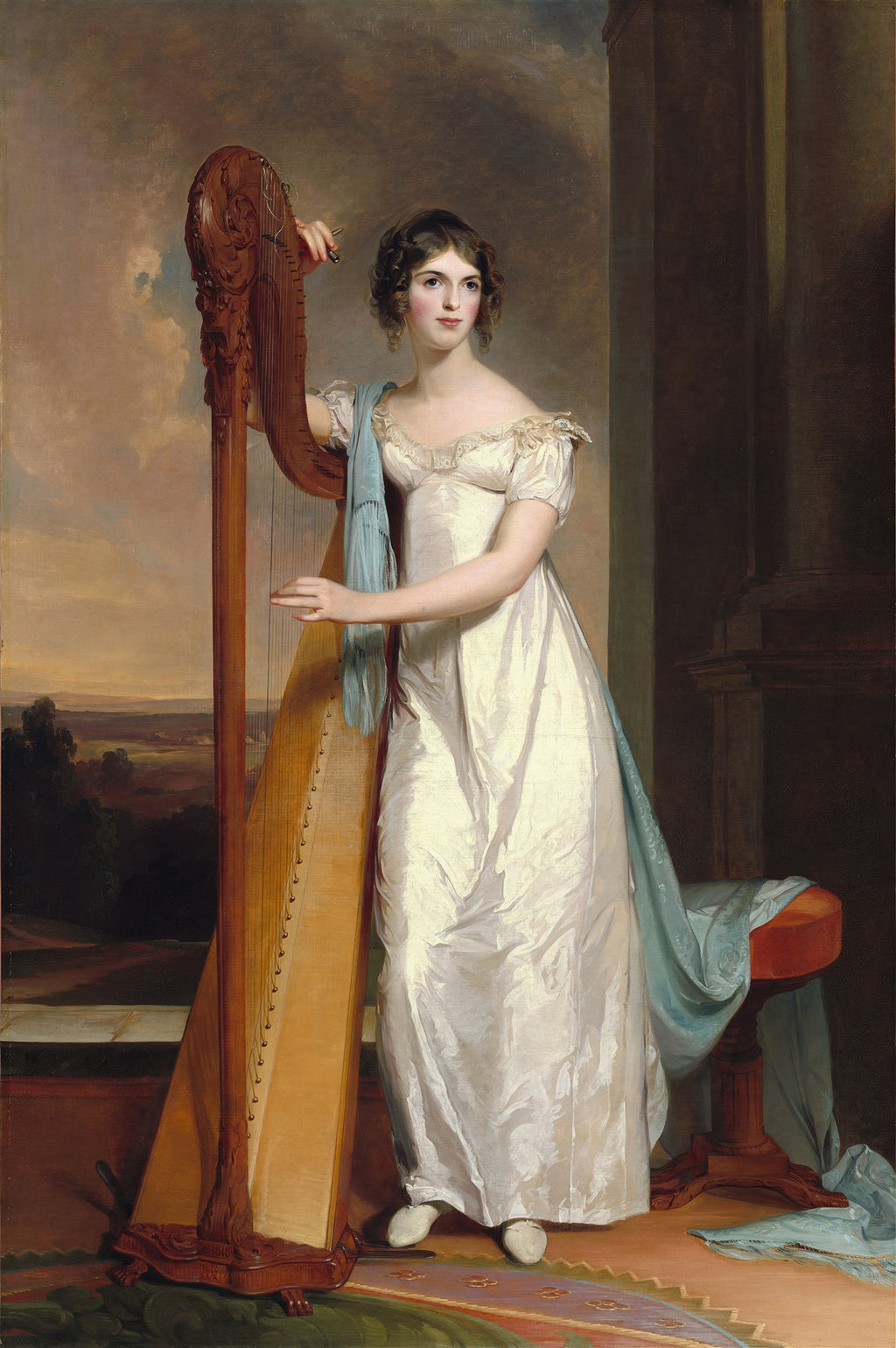 Retrato de mulher elegante vestindo um vestido branco e tocando uma harpa, com paisagem e pilares ao fundo. Obra de Thomas Sully.