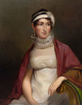 Retrato em óleo de uma mulher do século XIX, de busto, usando um vestido branco, um xale vermelho e um turbante branco com broche. Atribuído a Thomas Sully.