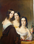 Retrato a óleo de três mulheres jovens com cabelos escuros, vestidas com roupas do século XIX de ombros nus, em tons pastéis e terrosos. A mulher da esquerda abraça a do meio, e a da direita segura um livro vermelho. A paleta é suave com um fundo escuro.