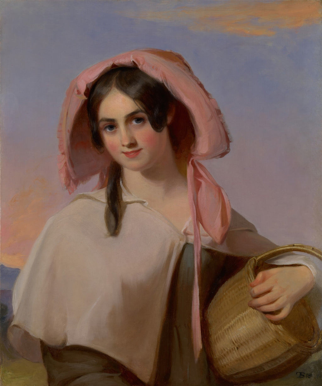 Retrato de uma jovem com chapéu rosa e cesta, em estilo romântico, pintado por Thomas Sully.