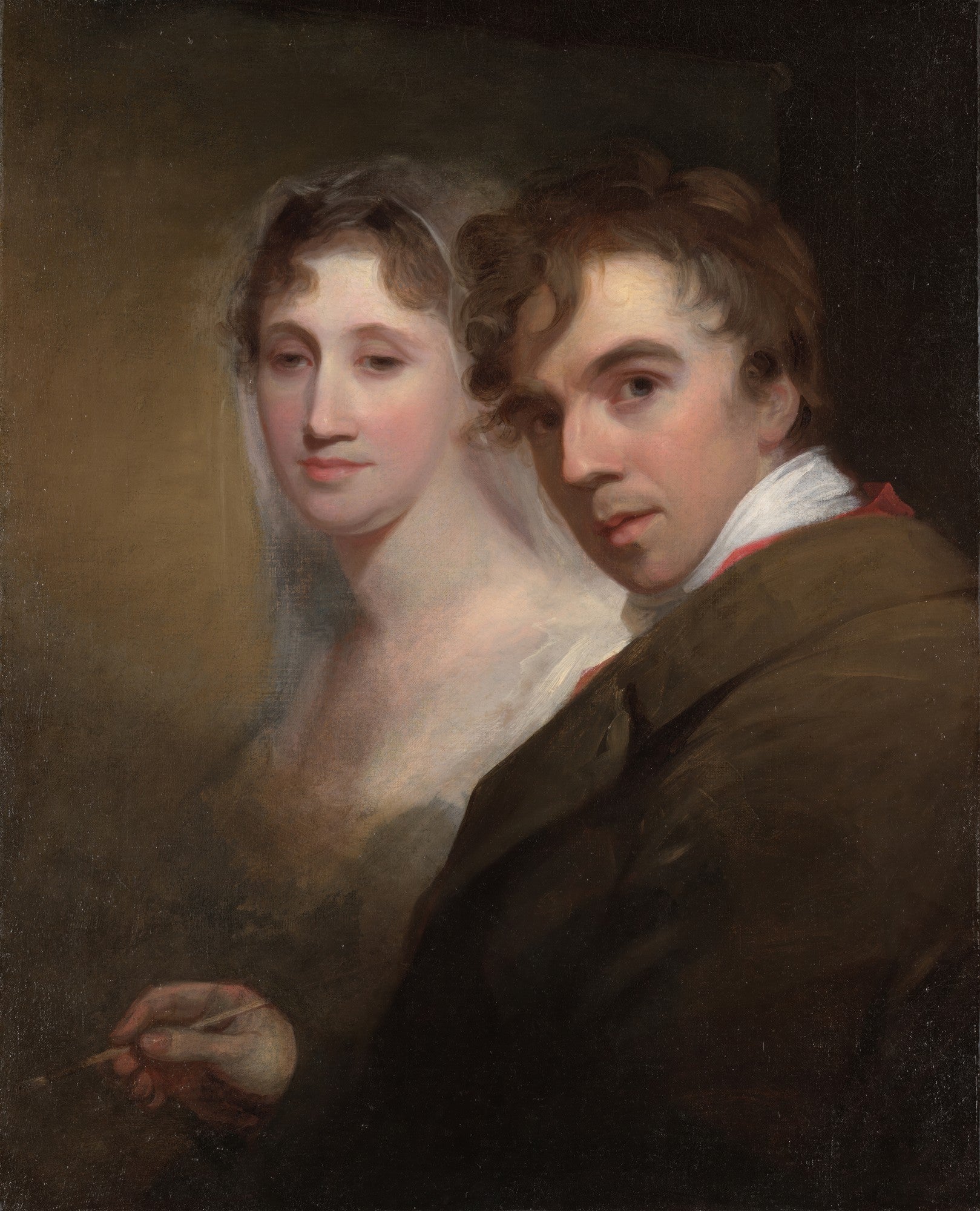 Quadro decorativo com autorretrato de Thomas Sully e sua esposa, uma pintura a óleo com tons terrosos e foco nos rostos e expressões.