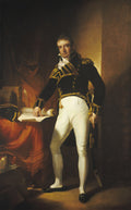 Pintura a óleo de corpo inteiro de um oficial do século XIX, em uniforme azul-marinho com detalhes dourados e calças brancas, segurando um pergaminho e uma espada. Ele está em pé ao lado de uma mesa com livros e um chapéu. Atribuído a Thomas Sully.