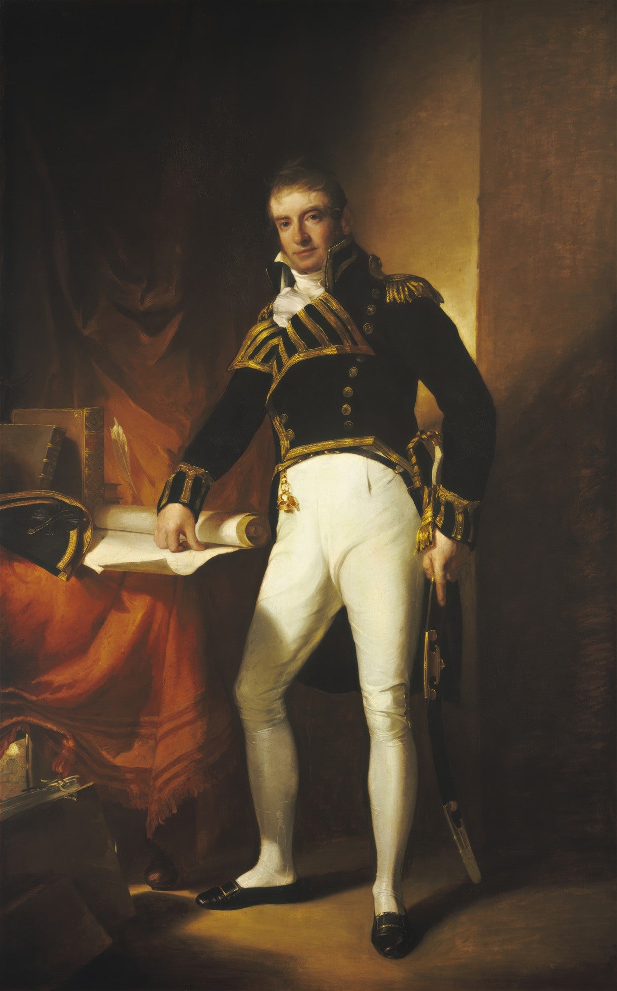 Pintura a óleo de corpo inteiro de um oficial do século XIX, em uniforme azul-marinho com detalhes dourados e calças brancas, segurando um pergaminho e uma espada. Ele está em pé ao lado de uma mesa com livros e um chapéu. Atribuído a Thomas Sully.