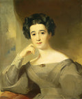Retrato feminino de Thomas Sully, com mulher de cabelos escuros encaracolados, vestido cinza e broche no decote, apoiando o queixo na mão.