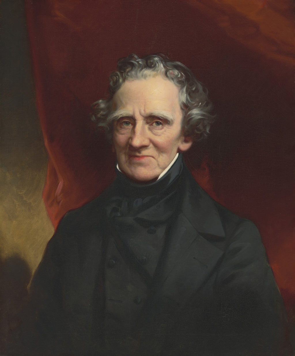 Retrato de um homem idoso com cabelos grisalhos e encaracolados, vestindo um casaco escuro e colarinho branco, com um fundo vermelho escuro. A obra é atribuída a Thomas Sully.