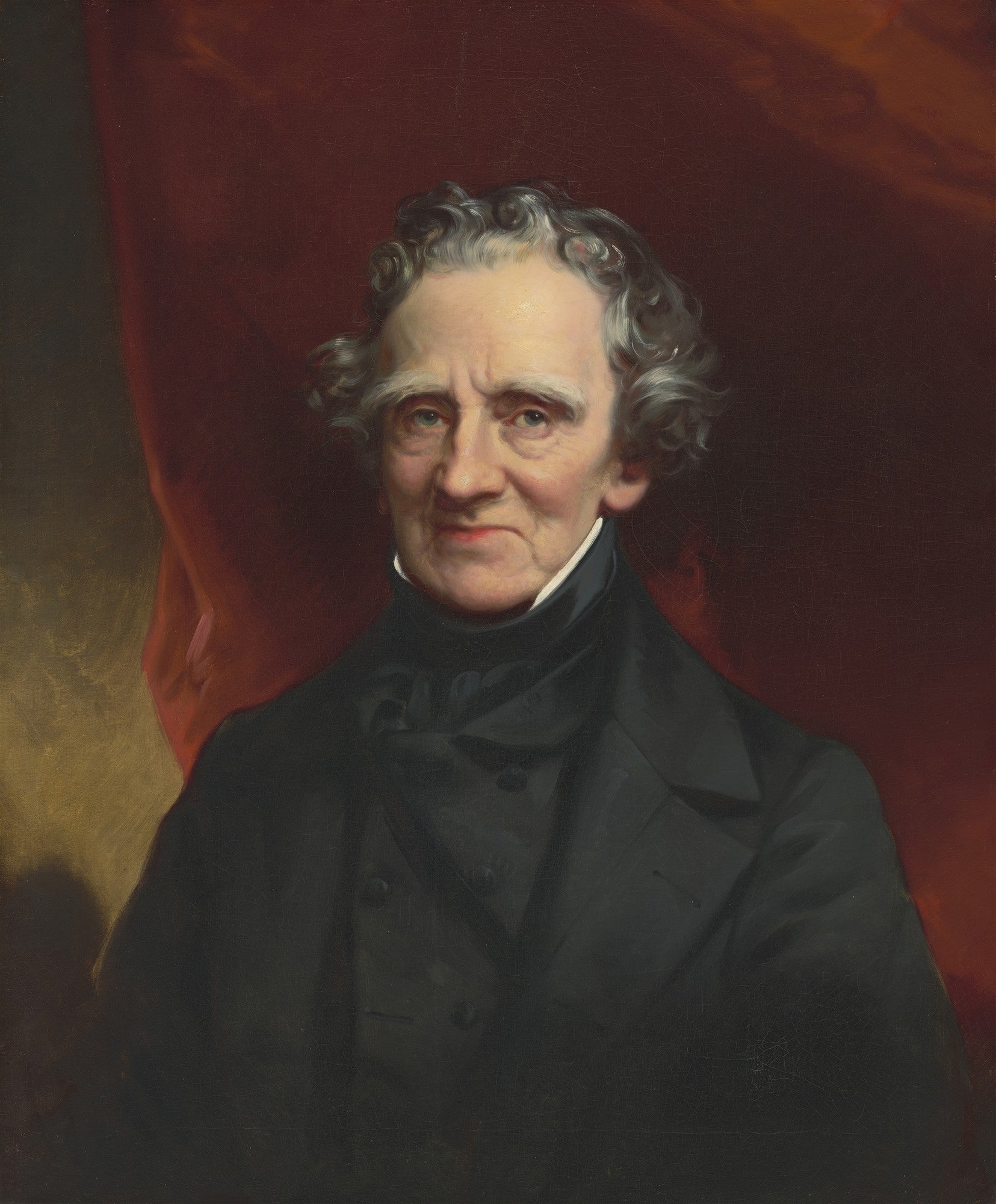 Retrato de um homem idoso com cabelos grisalhos e encaracolados, vestindo um casaco escuro e colarinho branco, com um fundo vermelho escuro. A obra é atribuída a Thomas Sully.