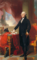 Retrato de corpo inteiro de George Washington, o primeiro presidente dos EUA, pintado por Thomas Sully. Ele está de pé, vestindo um terno preto, com uma mão sobre documentos em uma mesa forrada de vermelho e colunas clássicas ao fundo.