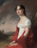 Retrato de uma mulher jovem do século XIX, com cabelo escuro cacheado, vestido branco e xale vermelho vibrante, sentada em frente a uma paisagem nebulosa. Obra atribuída a Thomas Sully.