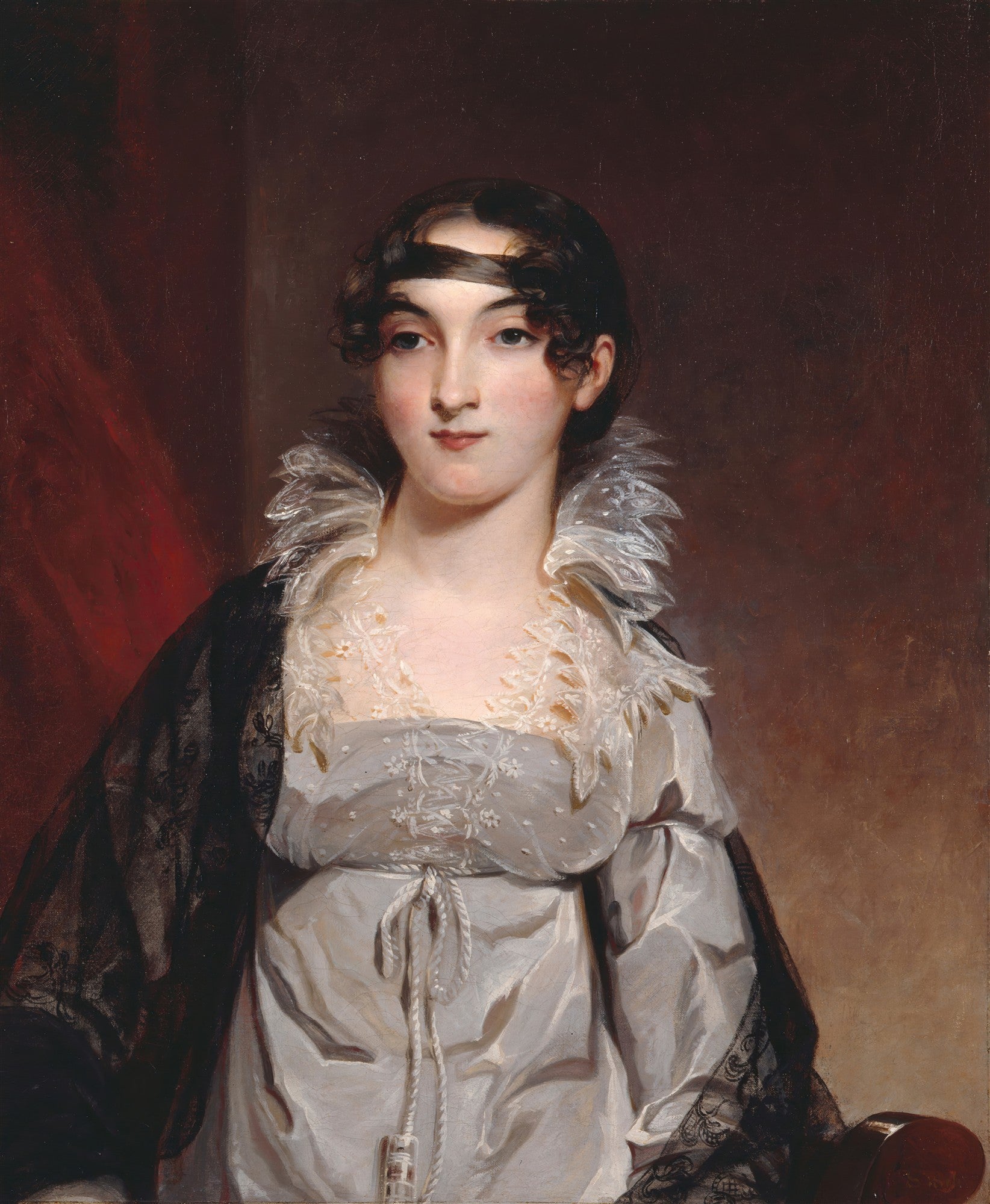 Retrato de uma jovem mulher com cabelo escuro, vestindo um vestido claro com renda e um xale preto, pintado por Thomas Sully.