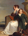 Pintura a óleo de Thomas Sully, 'Mother and Son', retratando uma mulher e um menino, com um cachorro aos pés, em um ambiente clássico com paisagem ao fundo.