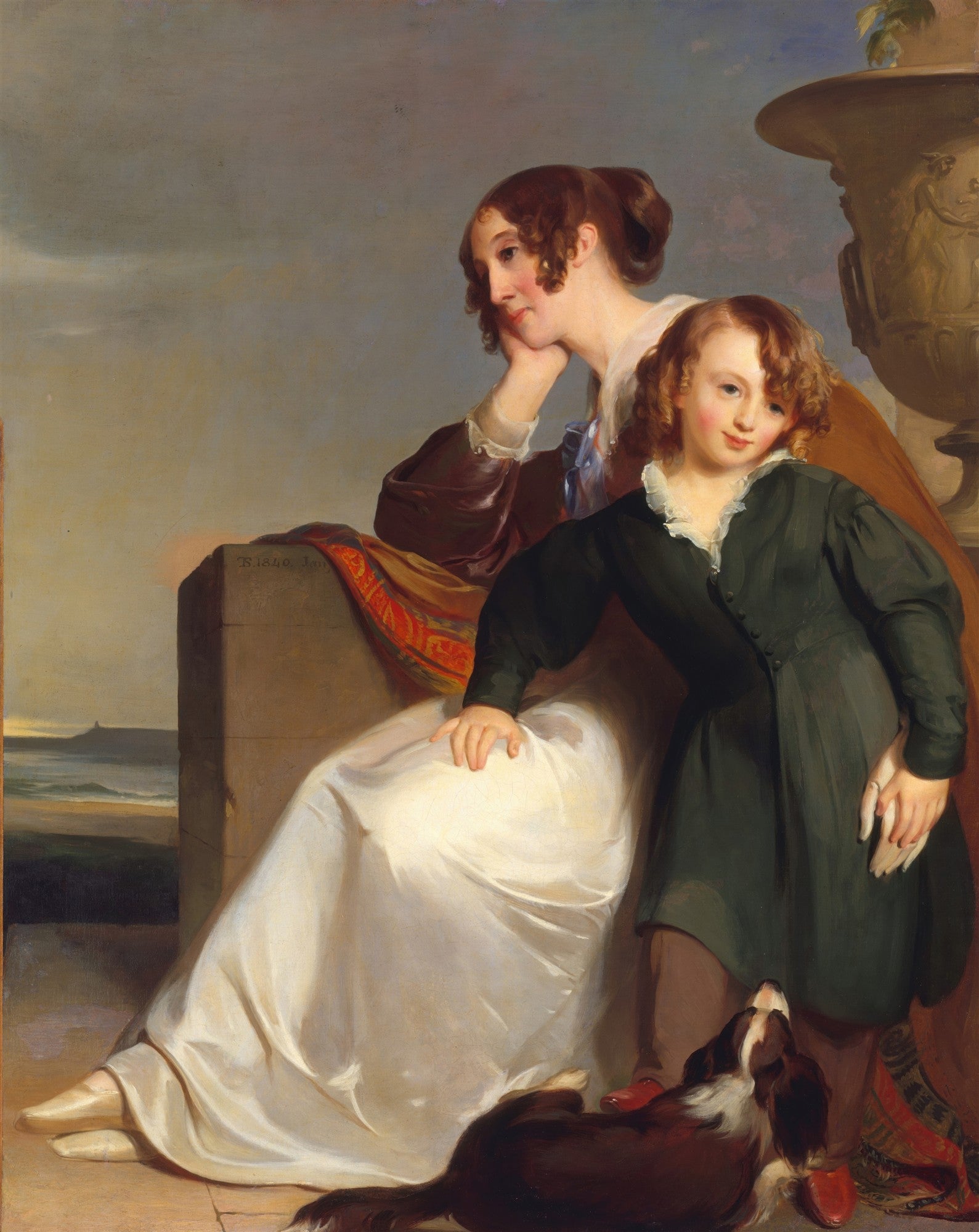Pintura a óleo de Thomas Sully, 'Mother and Son', retratando uma mulher e um menino, com um cachorro aos pés, em um ambiente clássico com paisagem ao fundo.