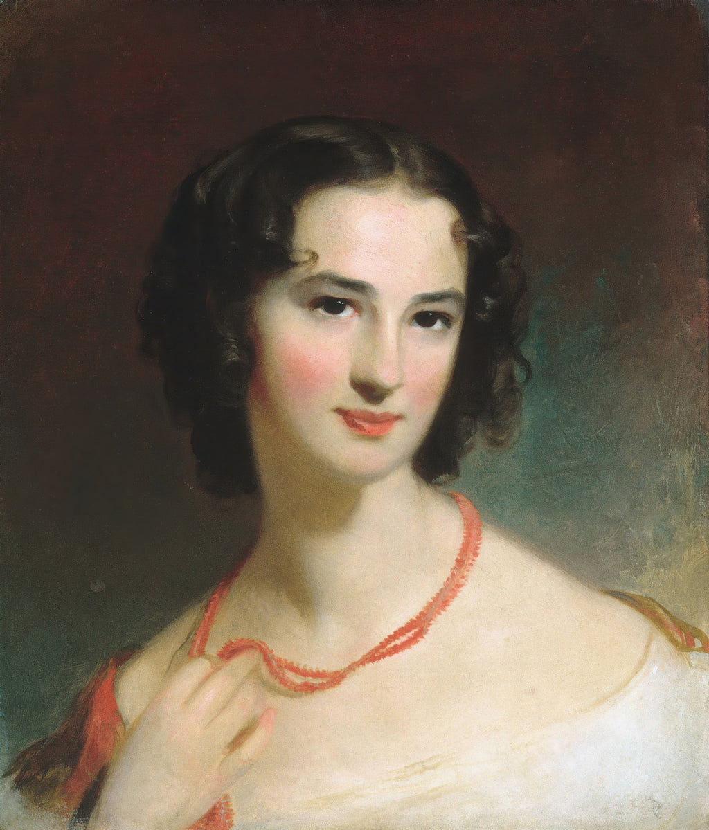 Retrato feminino clássico pintado por Thomas Sully, com a mulher olhando para frente, cabelo escuro, bochechas rosadas e um colar vermelho. Fundo escuro.