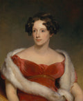 Retrato de uma mulher jovem, de pele clara e cabelos escuros cacheados, vestindo um vestido vermelho com decote ombro a ombro e uma estola de pele branca, pintado por Thomas Sully.