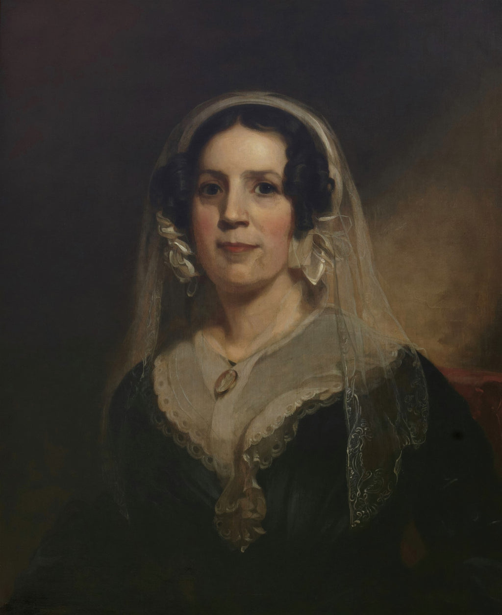 Retrato de uma senhora do século XIX, pintado por Thomas Sully. Ela usa um vestido escuro, um colarinho de renda branca e um véu transparente sobre a cabeça, com uma expressão serena.