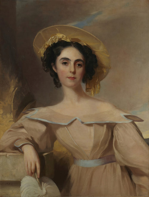 Retrato de uma mulher jovem, de pele clara e cabelos escuros, usando um vestido bege e um chapéu amarelo, pintado por Thomas Sully.
