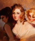 Quadro decorativo com a pintura 'As Três Idades' de Thomas Sully, mostrando três mulheres de diferentes idades e expressões, com tons quentes e suaves.