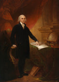 Retrato de James Madison, o quarto presidente dos EUA, pintado por Thomas Sully. Ele está de pé, vestindo um casaco escuro, com uma mão sobre documentos em uma mesa com um globo.