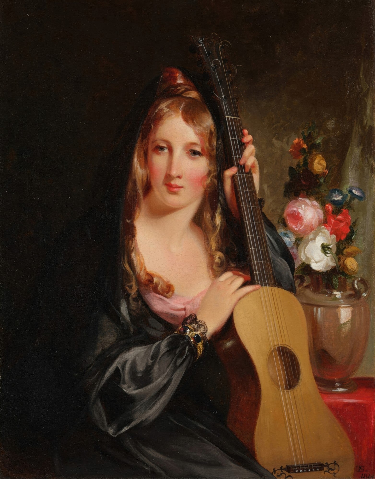 Retrato de uma jovem mulher com cabelos loiros e um véu escuro, segurando um violão, com um vaso de flores ao fundo, pintado por Thomas Sully.