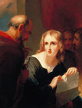 Pintura a óleo de Thomas Sully, intitulada 'The Letter', mostrando uma jovem loira com uma carta, ladeada por figuras masculinas mais velhas em um ambiente dramático de cores escuras e avermelhadas.