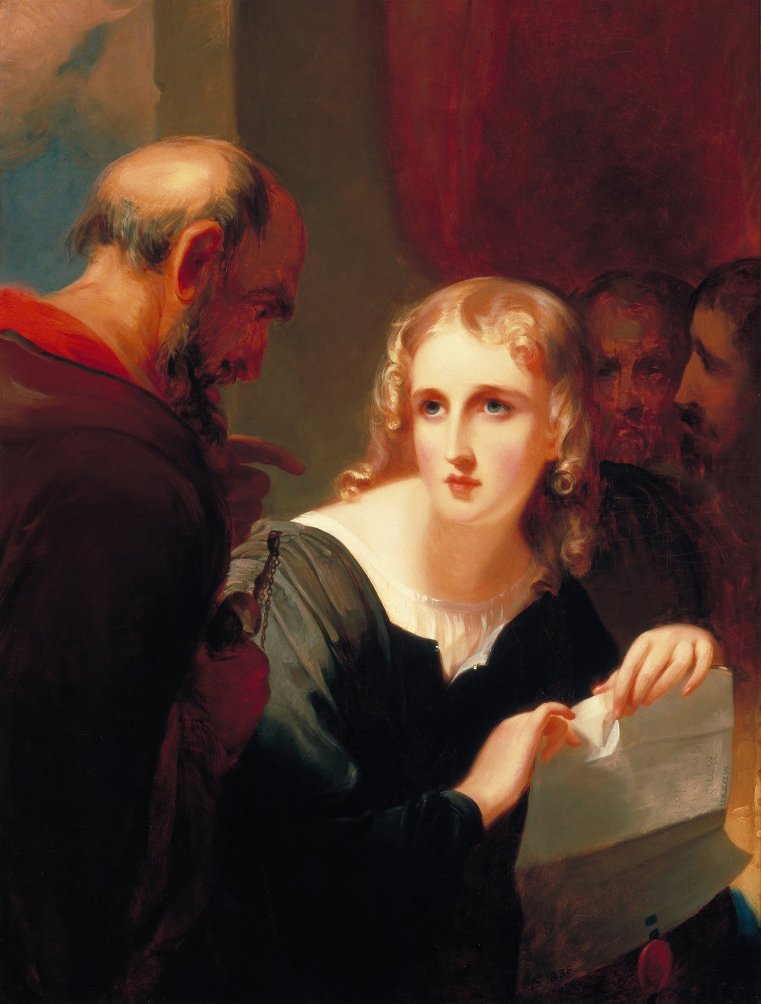 Pintura a óleo de Thomas Sully, intitulada 'The Letter', mostrando uma jovem loira com uma carta, ladeada por figuras masculinas mais velhas em um ambiente dramático de cores escuras e avermelhadas.