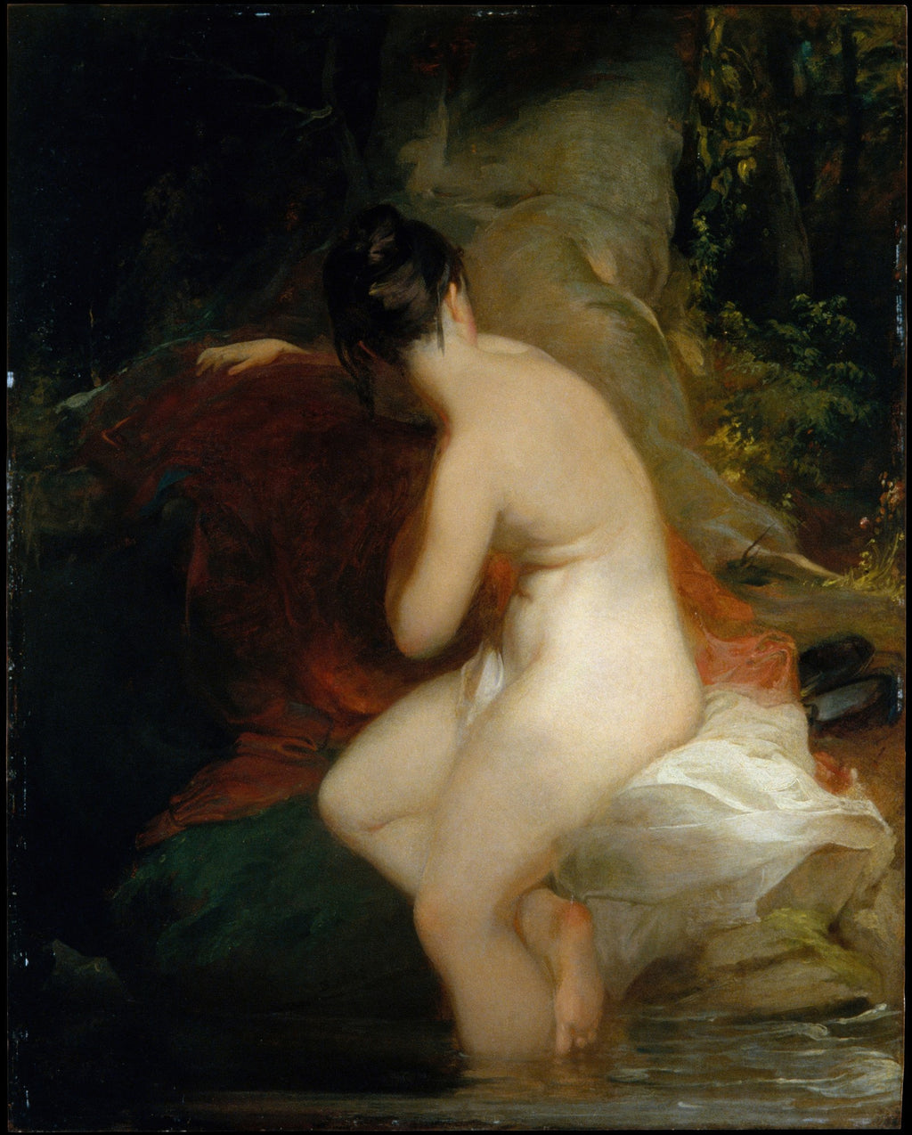 Uma pintura de Thomas Sully, 'A Ninfa do Banho', retratando uma figura feminina nua de costas, mergulhada na água, com tecidos vermelhos e brancos ao redor em um cenário natural escuro.