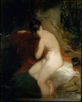 Uma pintura de Thomas Sully, 'A Ninfa do Banho', retratando uma figura feminina nua de costas, mergulhada na água, com tecidos vermelhos e brancos ao redor em um cenário natural escuro.