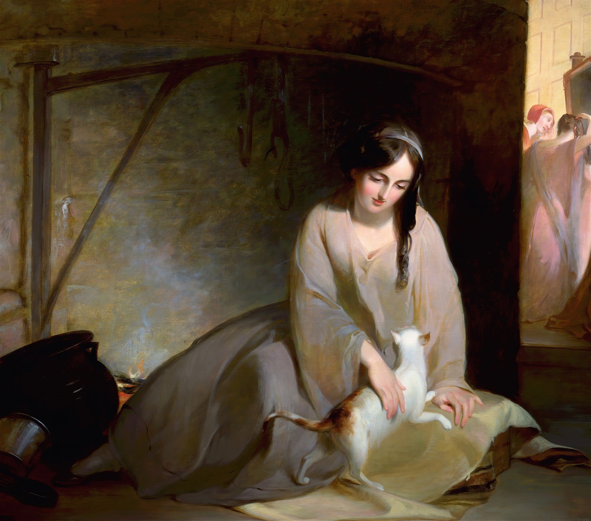 Uma mulher jovem de cabelos escuros e vestido claro, sentada no chão, acariciando um gato branco e marrom. A cena ocorre em um ambiente rústico com lareira e um vaso escuro ao lado. A mulher tem uma expressão serena e carinhosa. A obra é de Thomas Sully.