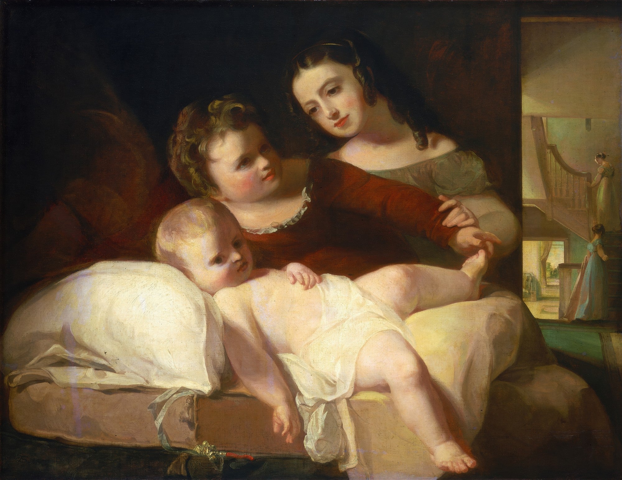 Pintura a óleo de Thomas Sully representando uma mulher com duas crianças, possivelmente sua família, em um ambiente doméstico com tons escuros e detalhes de luz. Uma criança está deitada em um travesseiro, outra mais velha está sentada ao lado, e a mulher as observa com carinho. Ao fundo, uma escadaria e figuras menores sugerem a profundidade da casa.