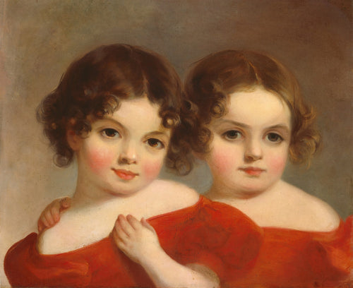 Pintura a óleo de Thomas Sully retratando duas meninas jovens, com cabelos castanhos cacheados e bochechas rosadas, usando vestidos vermelhos, com olhares suaves e inocentes.