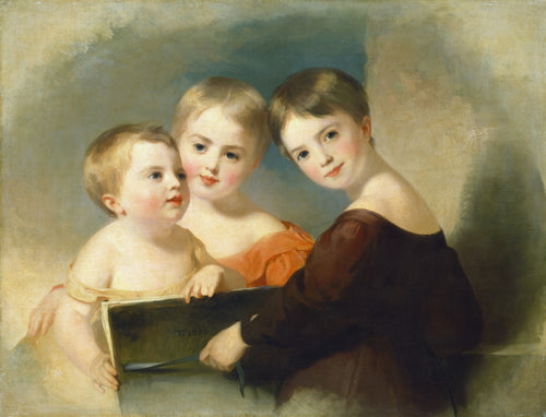 Pintura a óleo de Thomas Sully, 'The Sully Children', retratando três crianças pequenas com feições delicadas e expressões ternas, em tons suaves e calorosos. Duas meninas e um menino loiro, com a menina do meio de vestido laranja e a da direita de vestido marrom, segurando um livro com o bebê ao lado.