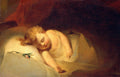 Pintura a óleo de uma criança dormindo profundamente, deitada de lado em um travesseiro branco, com uma pequena rosa vermelha ao lado. O bebê tem cabelos loiros encaracolados e bochechas rosadas. O fundo é escuro e a iluminação suave. Obra de Thomas Sully.