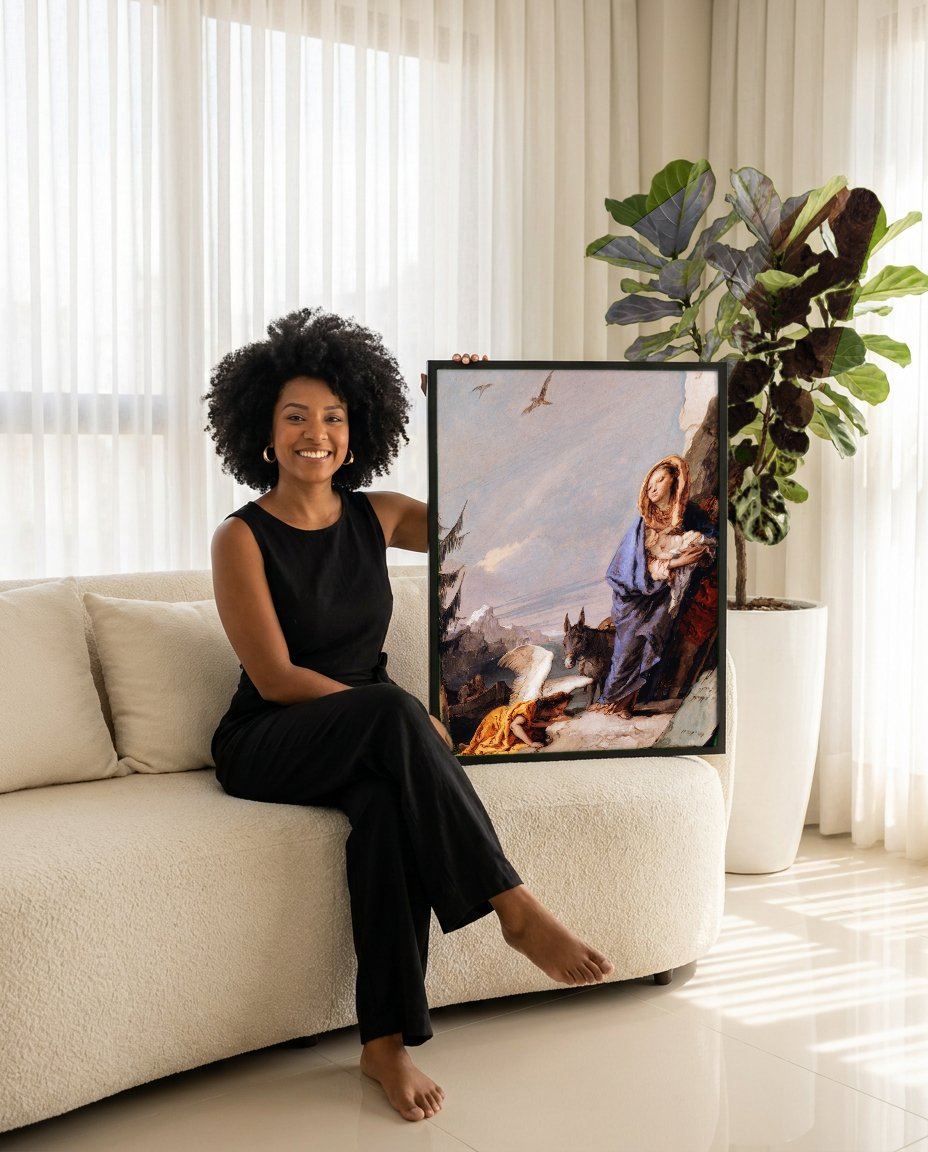 Quadro Decorativo A Fuga para o Egito - Tiepolo com modelo em ambiente