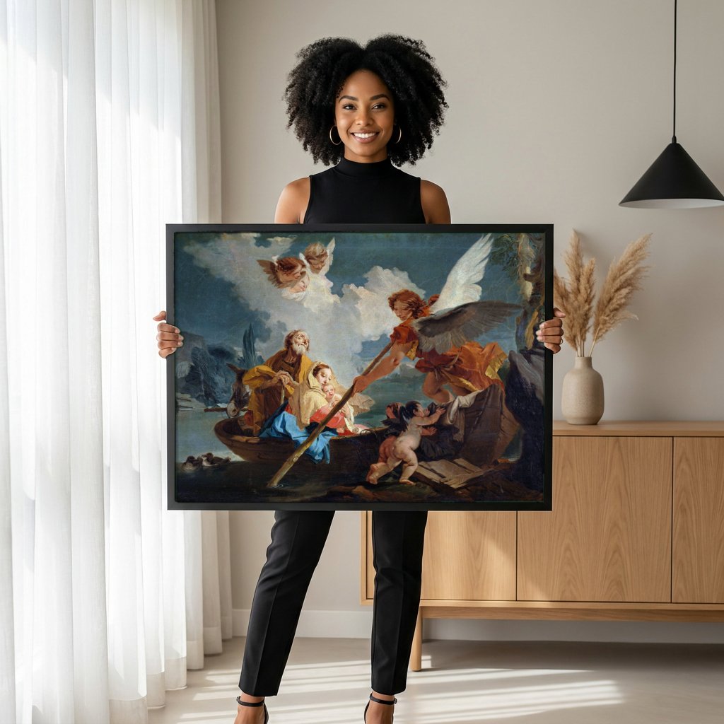 Quadro Decorativo A Fuga para o Egito - Tiepolo com modelo em ambiente
