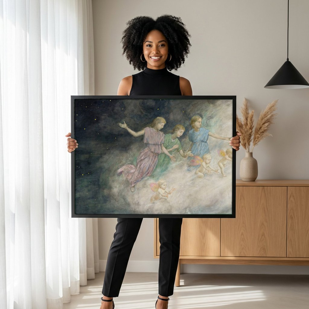 Quadro Decorativo Acompanhantes Celestiais - Hans Thoma com modelo em ambiente