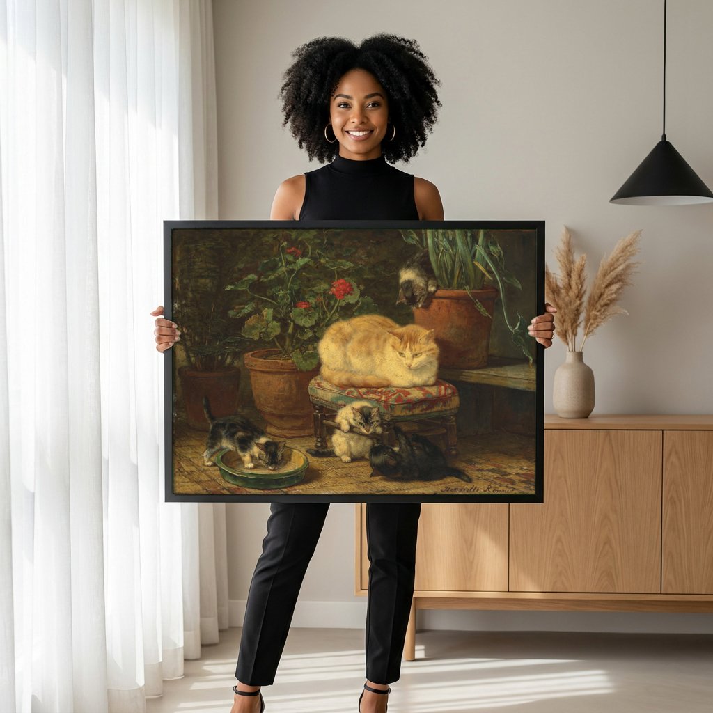 Quadro Decorativo Gatos em Cena Doméstica - Henriëtte Ronner-Knip com modelo em ambiente