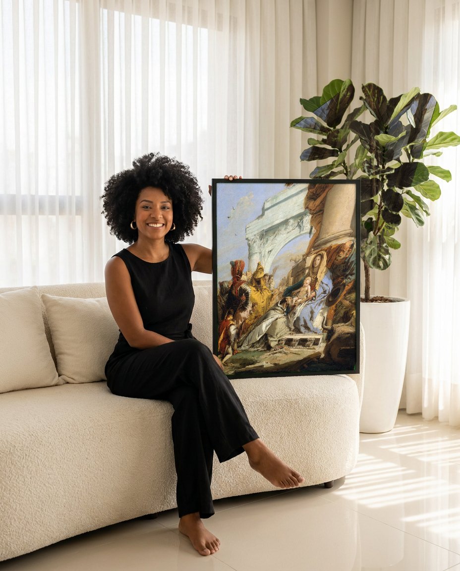 Quadro Decorativo Adoração dos Magos - Tiepolo com modelo em ambiente