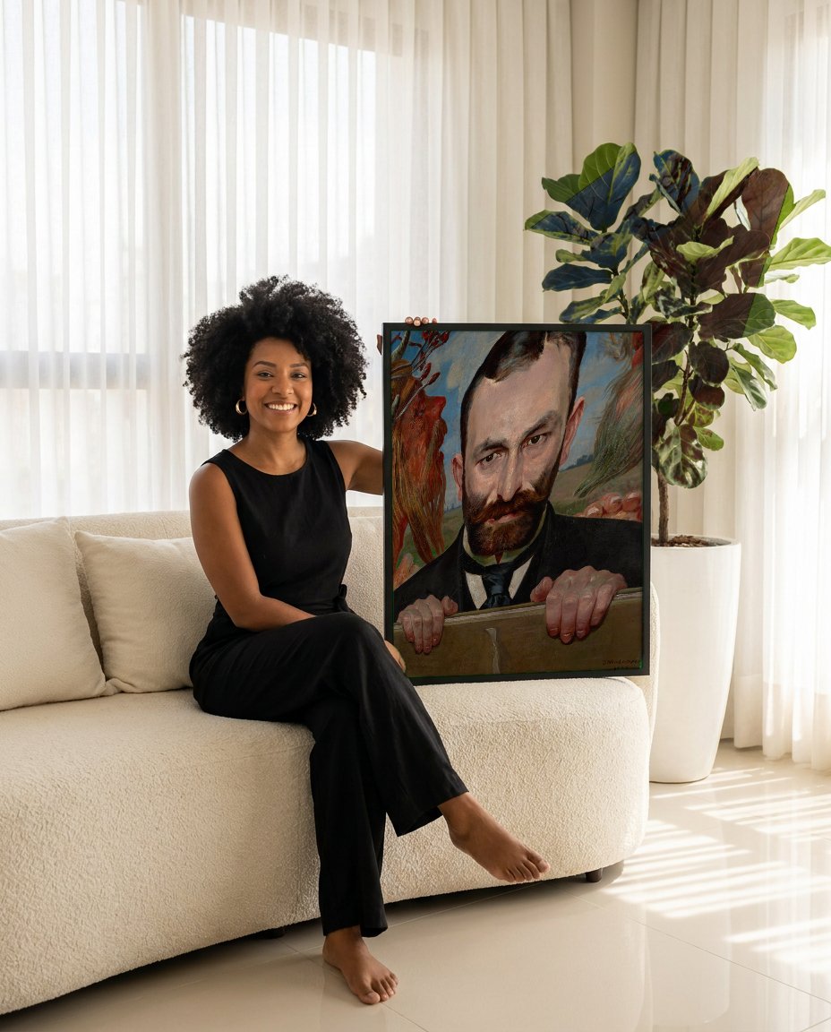 Quadro Decorativo Autorretrato com Sátiros - Jacek Malczewski com modelo em ambiente