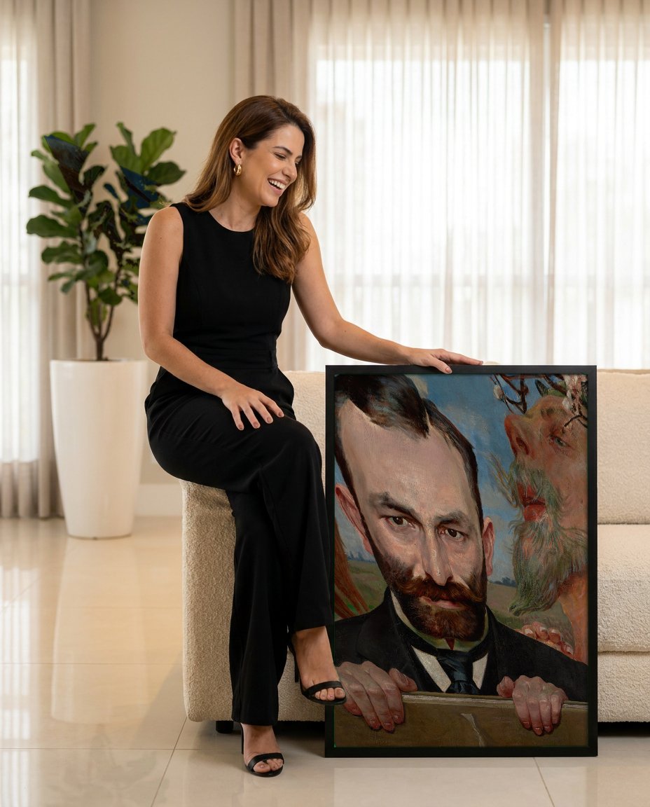 Quadro Decorativo Autorretrato com Sátiros - Jacek Malczewski com modelo em ambiente