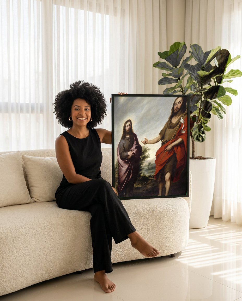 Quadro Decorativo Jesus e São João Batista - Murillo com modelo em ambiente