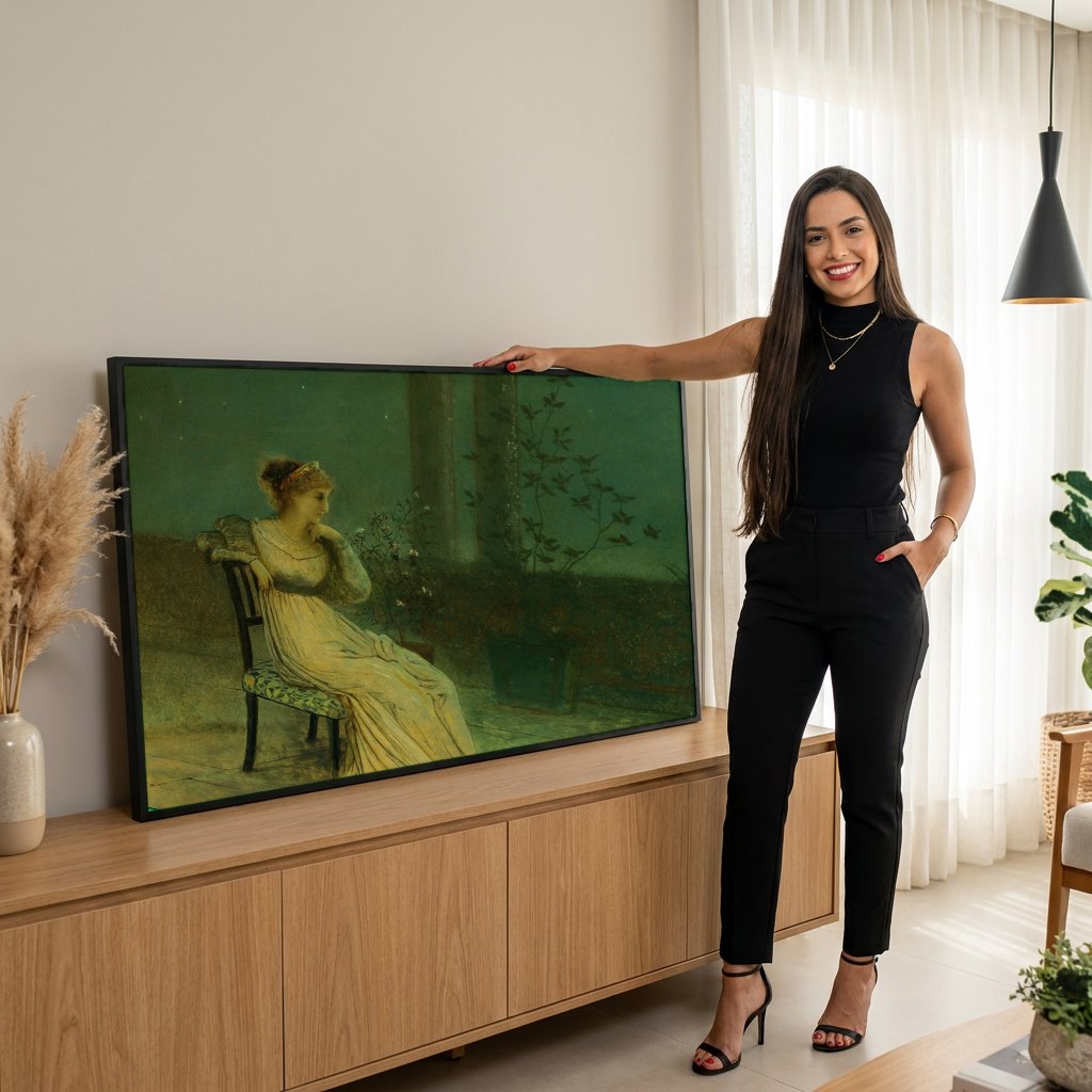 Quadro Decorativo Dama ao Luar - John Atkinson Grimshaw com modelo em ambiente