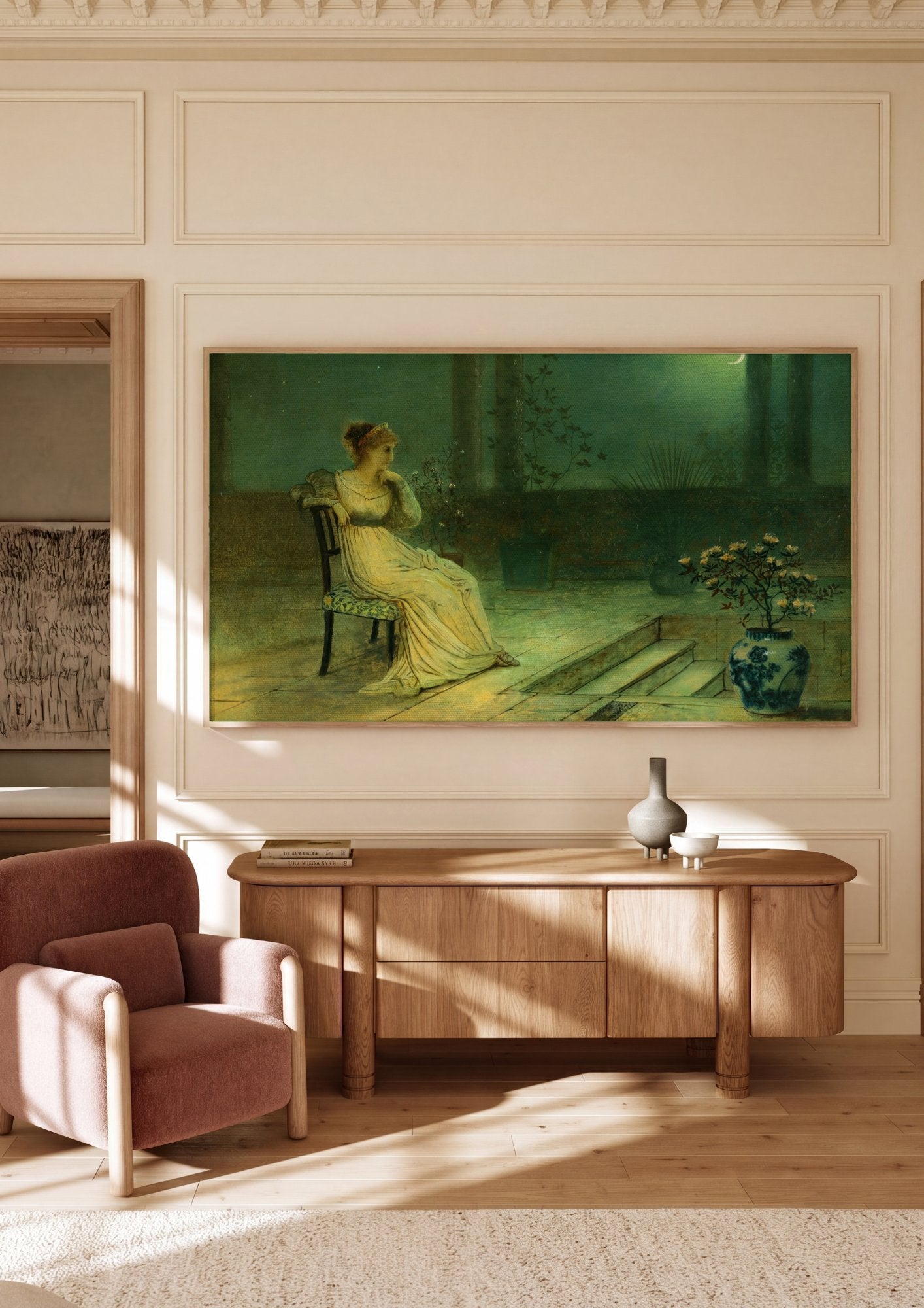 Quadro Decorativo Dama ao Luar - John Atkinson Grimshaw em ambiente decorado