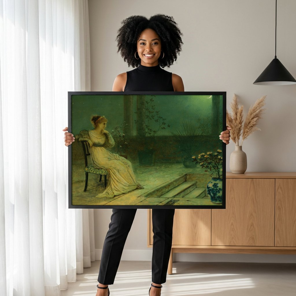 Quadro Decorativo Dama ao Luar - John Atkinson Grimshaw com modelo em ambiente