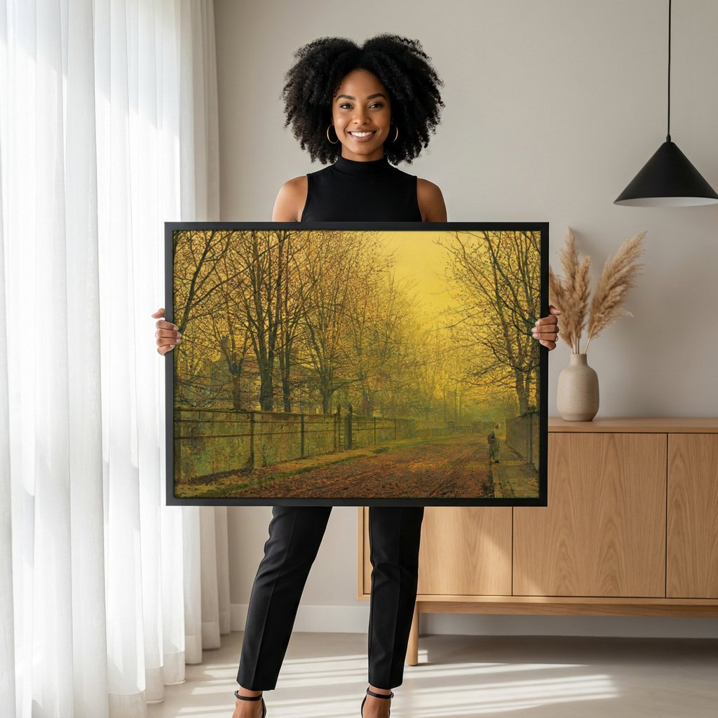 Quadro Decorativo Caminho Outonal - J. Atkinson Grimshaw com modelo em ambiente