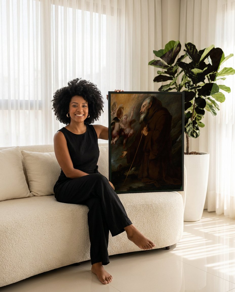 Quadro Decorativo A Visão de Santo Antônio de Pádua - Murillo com modelo em ambiente