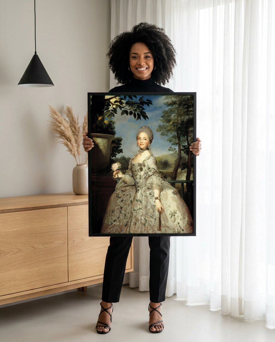 Quadro Decorativo Retrato de Dama – Anton Raphael Mengs com modelo em ambiente