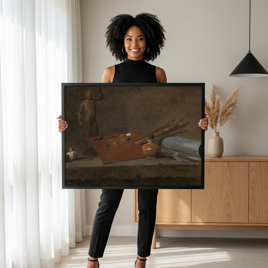 Quadro Decorativo A Atributos do Pintor - Jean Siméon Chardin com modelo em ambiente